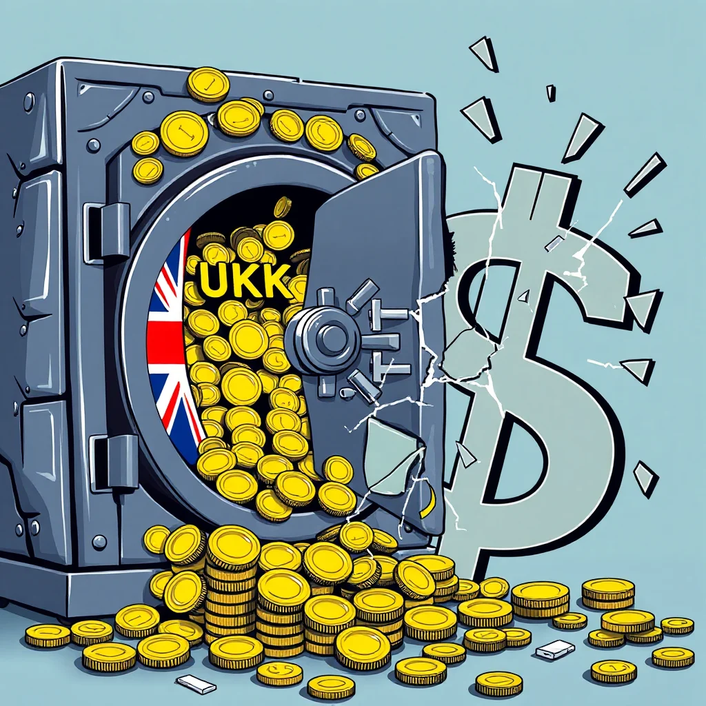 A grey, open vault filled with gold coins and a Union Jack flag, with a cracked light blue dollar sign crashing through the vault door.