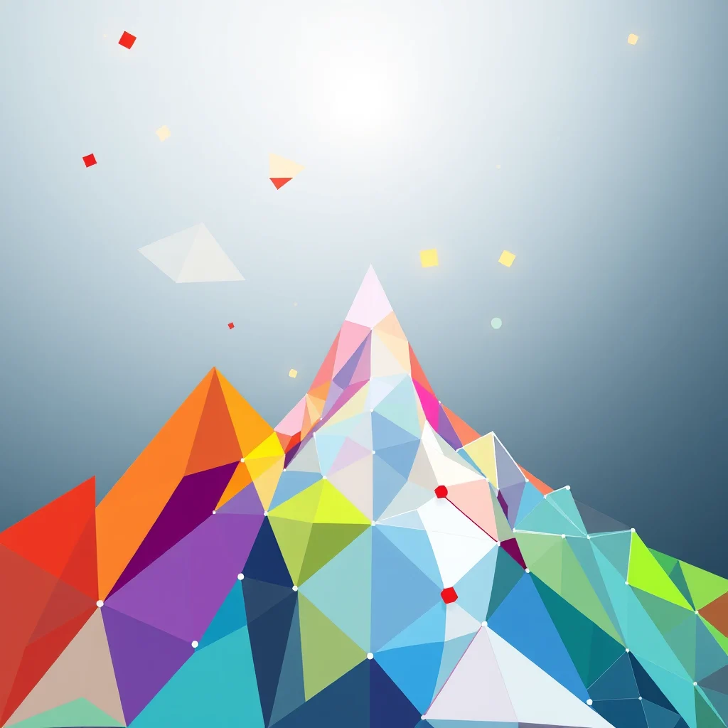 A colorful, abstract geometric mountain range is depicted against a gradient blue background. The mountains are formed from a multitude of triangles in vibrant shades of red, orange, purple, green, blue, and white. Thin white lines connect small white dots on the mountain faces, forming a wireframe structure, with a few red dots also visible. Scattered across the top of the image are small, abstract geometric shapes, including red squares, yellow squares, and a few translucent geometric forms.