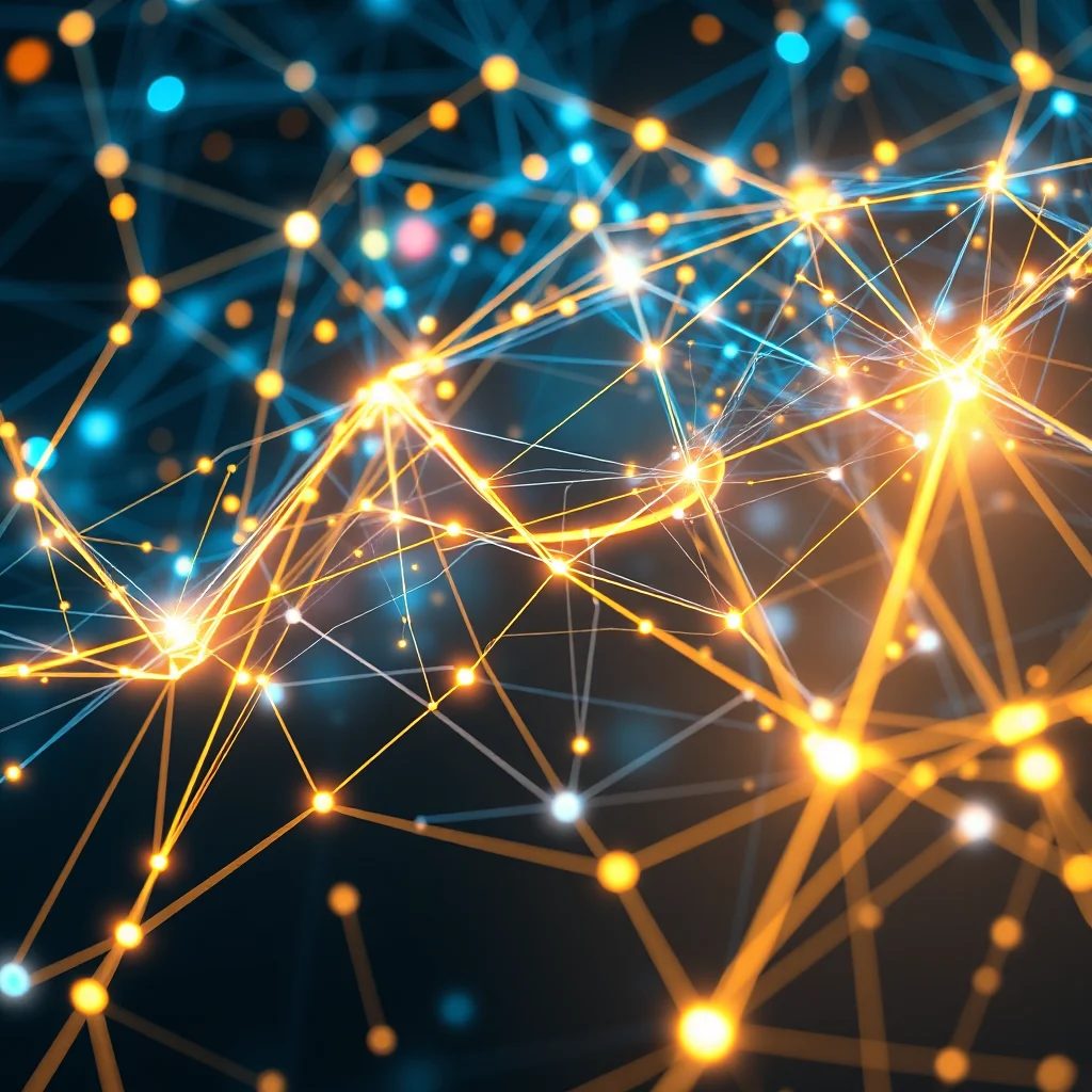 A network of interconnected glowing orange and blue nodes and lines on a dark background.