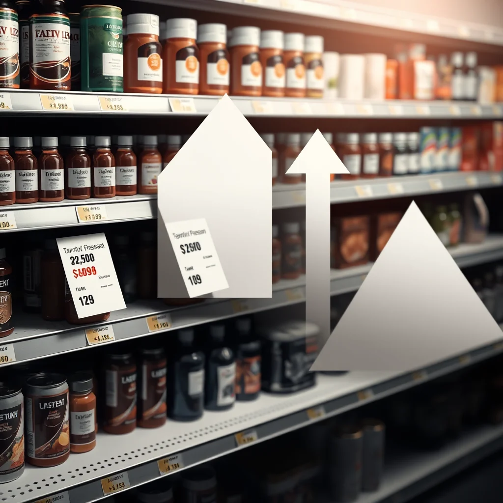 A grocery store aisle with shelves stocked with various products, overlaid with abstract shapes resembling upward trending graphs.