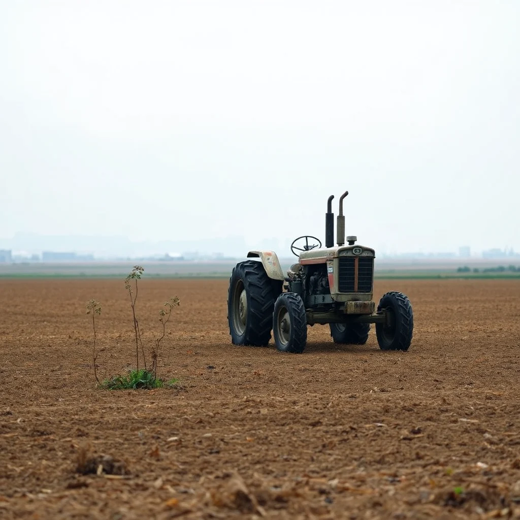 A vintage tractor sits in a freshly plowed field under a hazy sky.