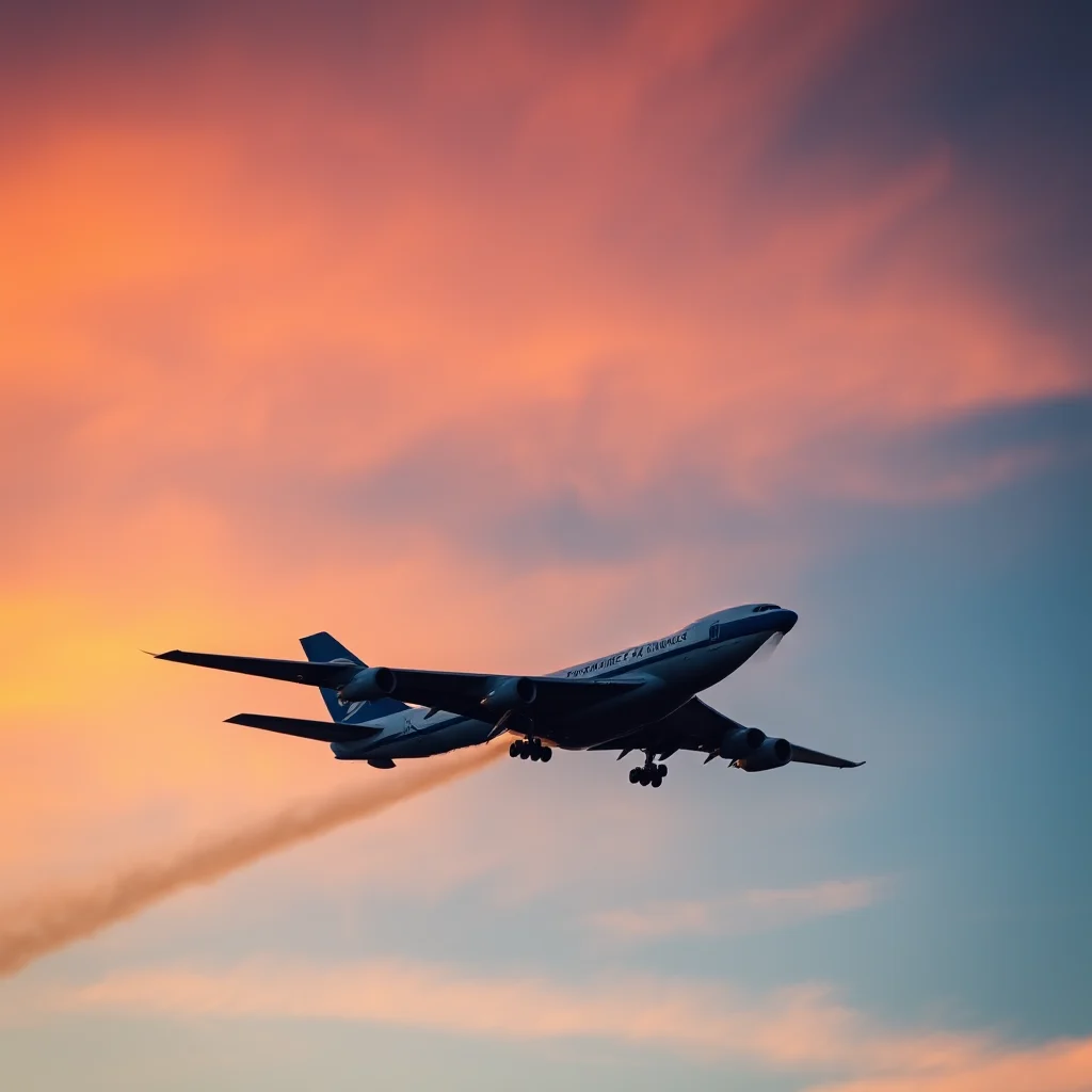 A large airplane with blue and white livery flies across a sunset sky, leaving a trail of orange smoke.