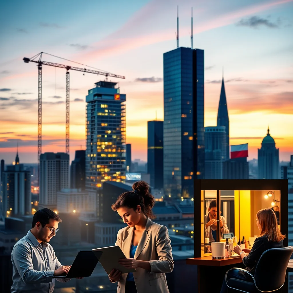 Two business people are looking at a tablet against a backdrop of a cityscape at sunset.