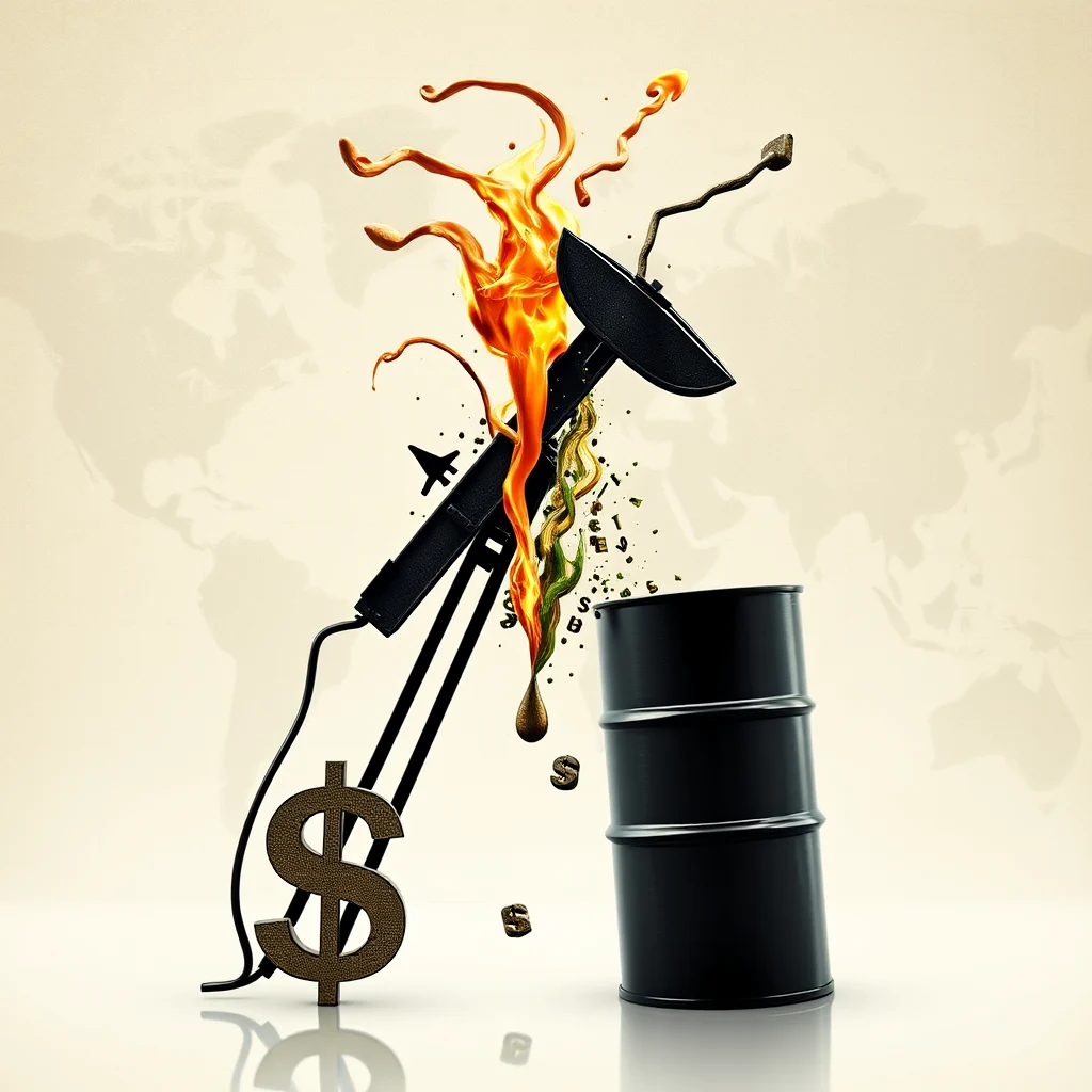 An artistic rendering of an oil pump jack in motion, with flames and dripping oil against a background of a faded world map. A large dollar sign is positioned at the base of the pump, and a black oil barrel stands to the right, catching the dripping substances. Scattered around the scene are small, stylized dollar signs and what appear to be letters and numbers.