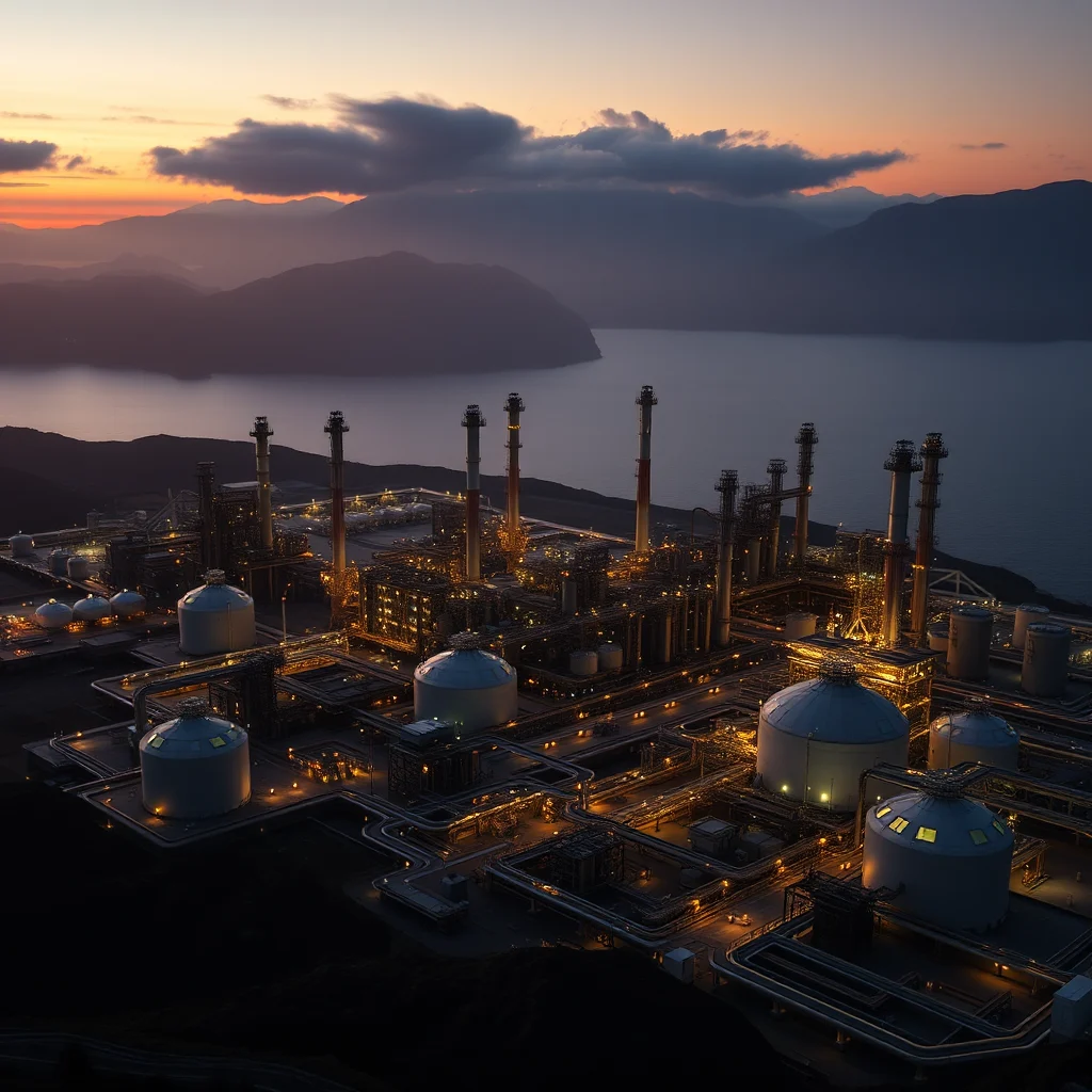 An aerial view of a sprawling industrial complex at dusk, with numerous towers, tanks, and intricate piping systems illuminated by warm, golden lights. The facility is situated on a coastline, with calm water and silhouetted mountains forming the backdrop under a sky painted with the soft hues of sunset and dramatic, shadowed clouds.