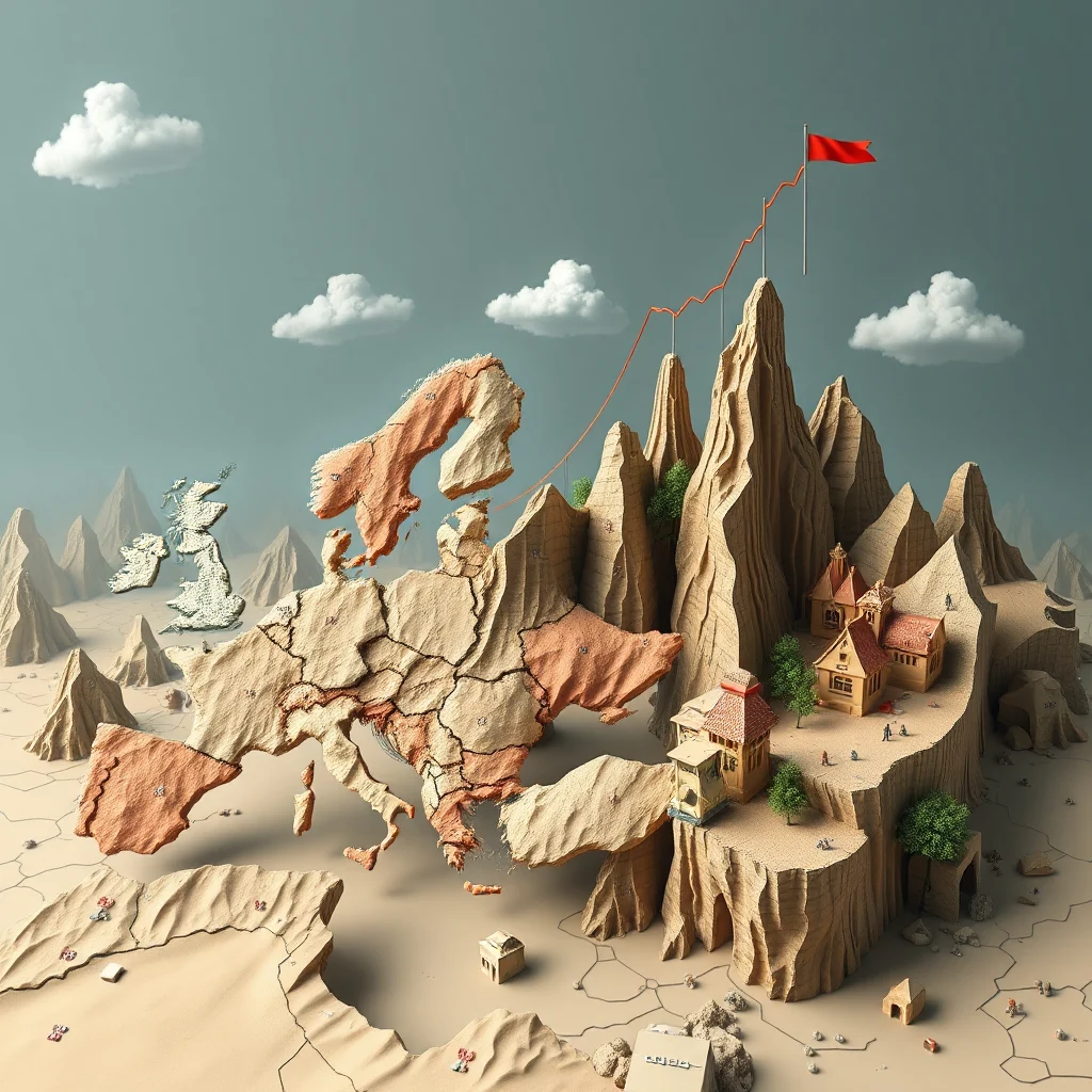 An artistic representation of Europe as a fractured, sandy landscape, with the continent's countries depicted as separate, rising landmasses. The image features a rising graph line, symbolizing growth or progress, culminating in a red flag atop a jagged mountain peak. Small, toy-like houses and figures are scattered across the terrain, suggesting human presence and activity within this conceptualized environment. The overall scene is set against a hazy, pale blue sky with a few white clouds.