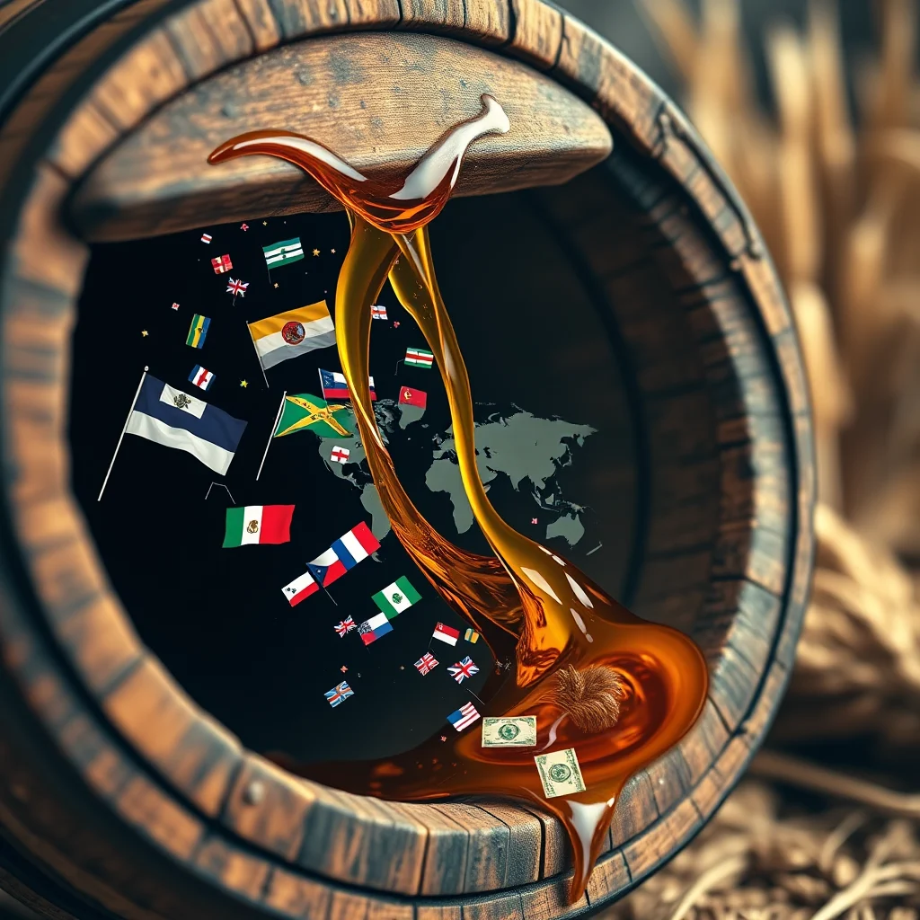 A wooden barrel is tipped open, with streams of golden liquid pouring out and dripping down the side. Inside the barrel, a world map is visible, along with numerous small flags from various countries. A few dollar bills are caught in the flow of liquid on the exterior of the barrel.