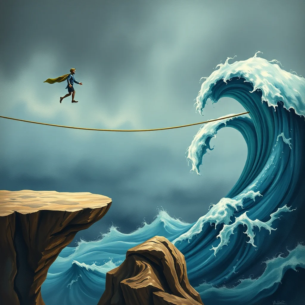 A man with a yellow cape is walking on a tightrope across a stormy sea. A giant wave is crashing behind him.