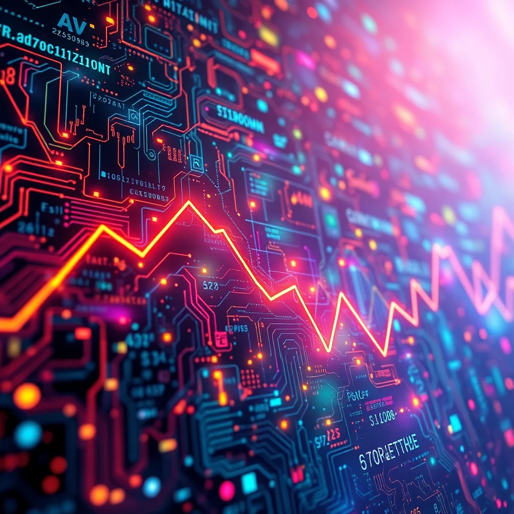 A digital illustration depicts a downward trending red line graph superimposed on a complex circuit board with glowing blue and red lines, representing data flow and financial markets.