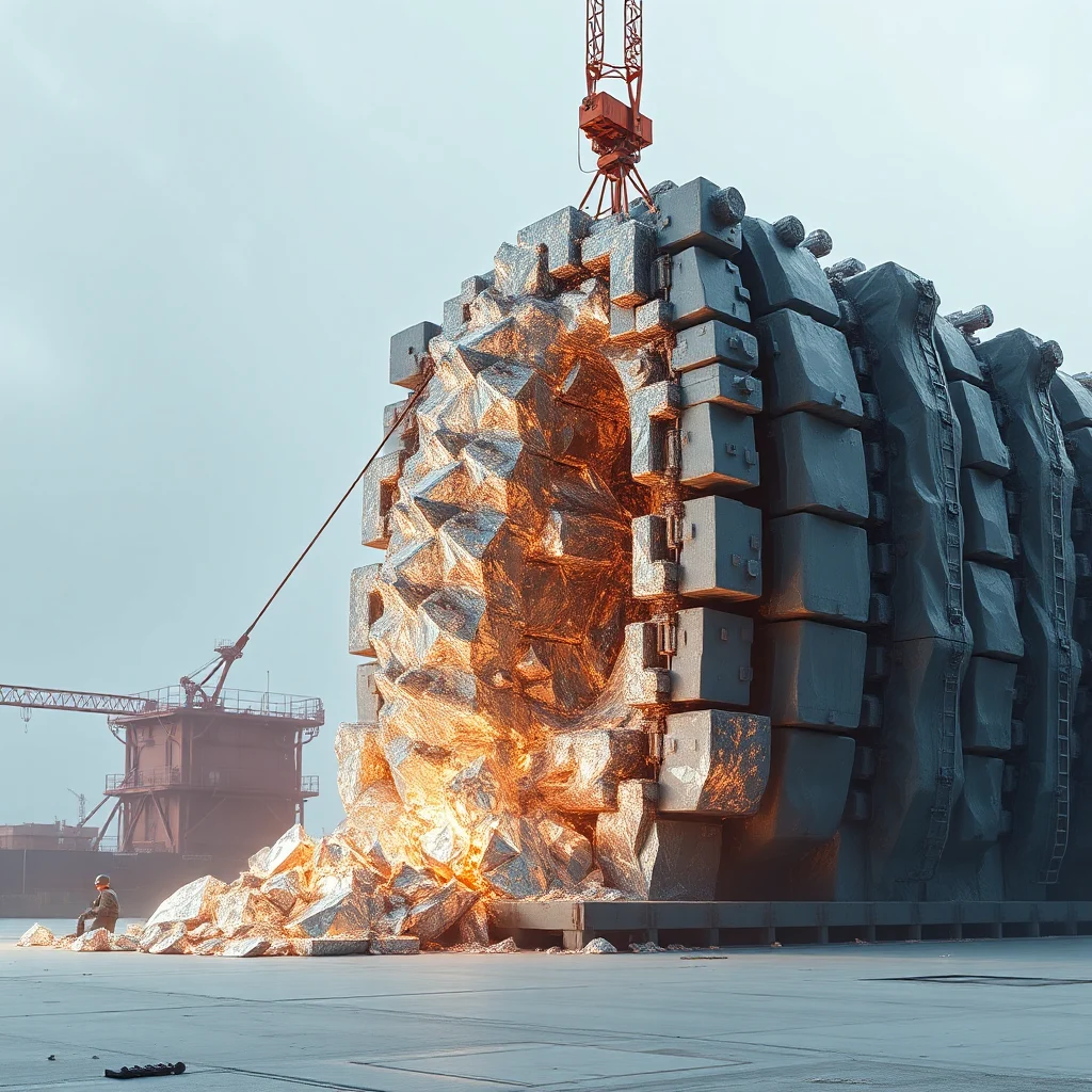 A colossal, rough, metallic structure, segmented into geometric blocks on one side and a jagged, crystalline formation on the other, glows with an internal orange light. A red construction crane hovers over the top, with cables extending to the structure. Another crane is visible in the background, attached to a ship. A lone figure sits on the ground in the foreground, gazing at the immense object.
