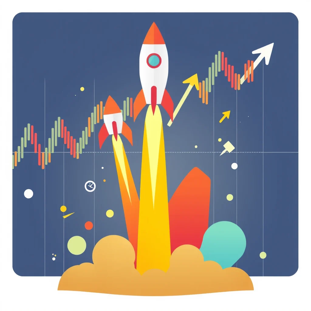 Two rockets are launching upwards with plumes of fire against a dark blue background with a stock chart showing an upward trend.