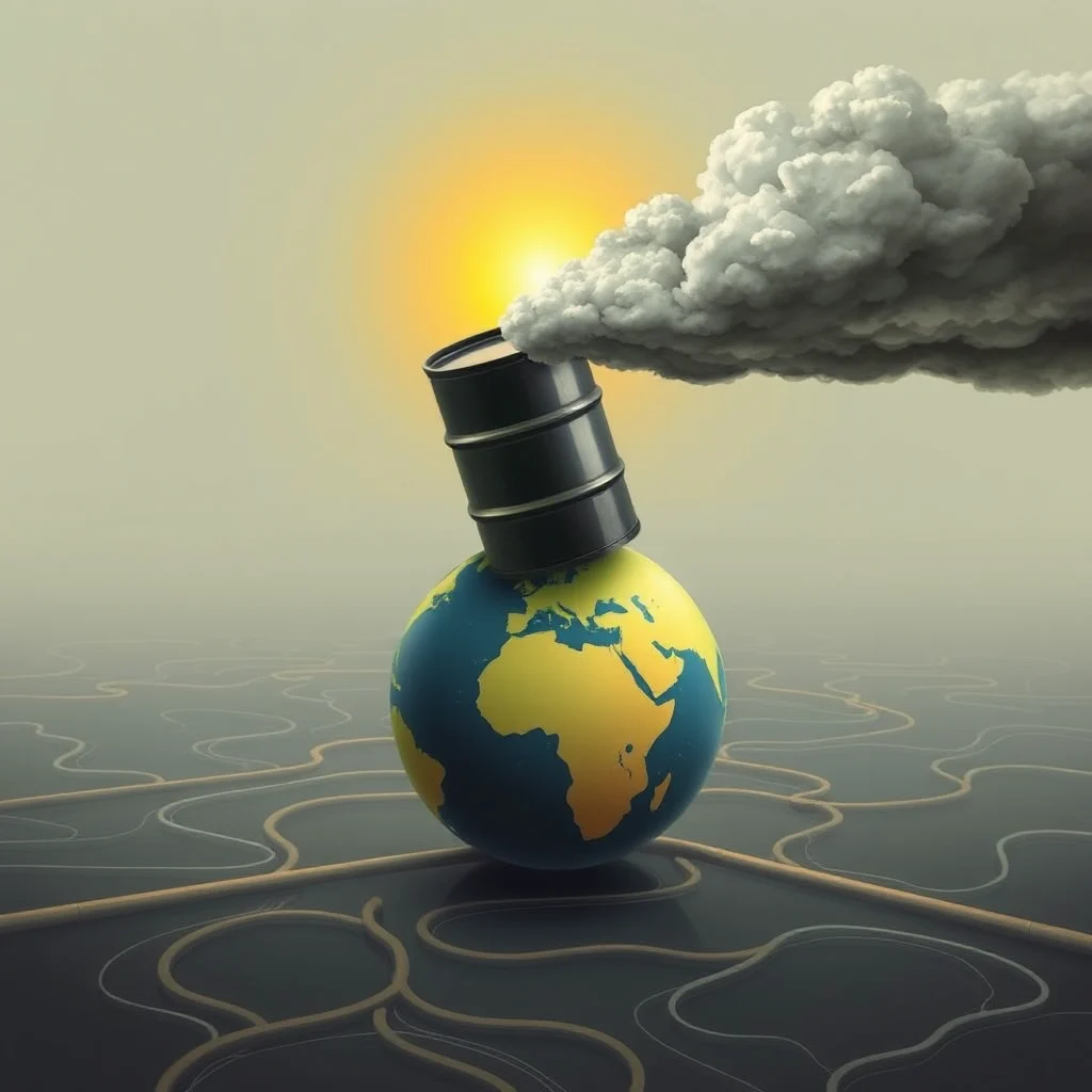A barrel on a tilted globe emitting thick dark smoke under a bright sun, set against a hazy yellow sky and a dark, abstract landscape with winding yellow lines.