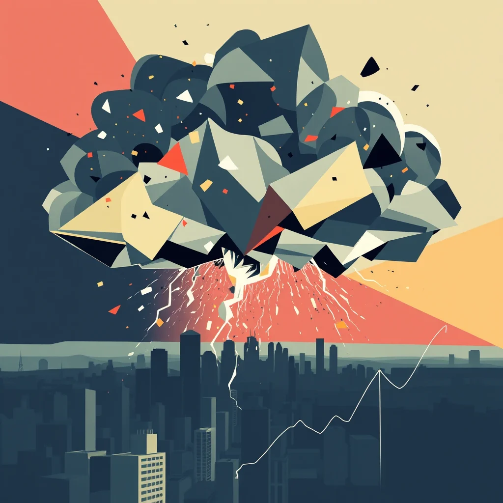 An abstract illustration of a destructive event over a cityscape, featuring a large, geometric cloud formation with jagged, crystalline shapes in shades of gray, blue, and yellow, appearing to explode or disintegrate. Streaks of white and red, suggesting lightning or seismic activity, emanate from the cloud's base and crackle over a stylized city skyline. The city is depicted in dark blue and gray, with simplified skyscraper shapes. A white line graph, charting an upward trend that suddenly plummets, is superimposed over the city, hinting at economic or social turmoil. The background is split into diagonal planes of muted coral and pale yellow.