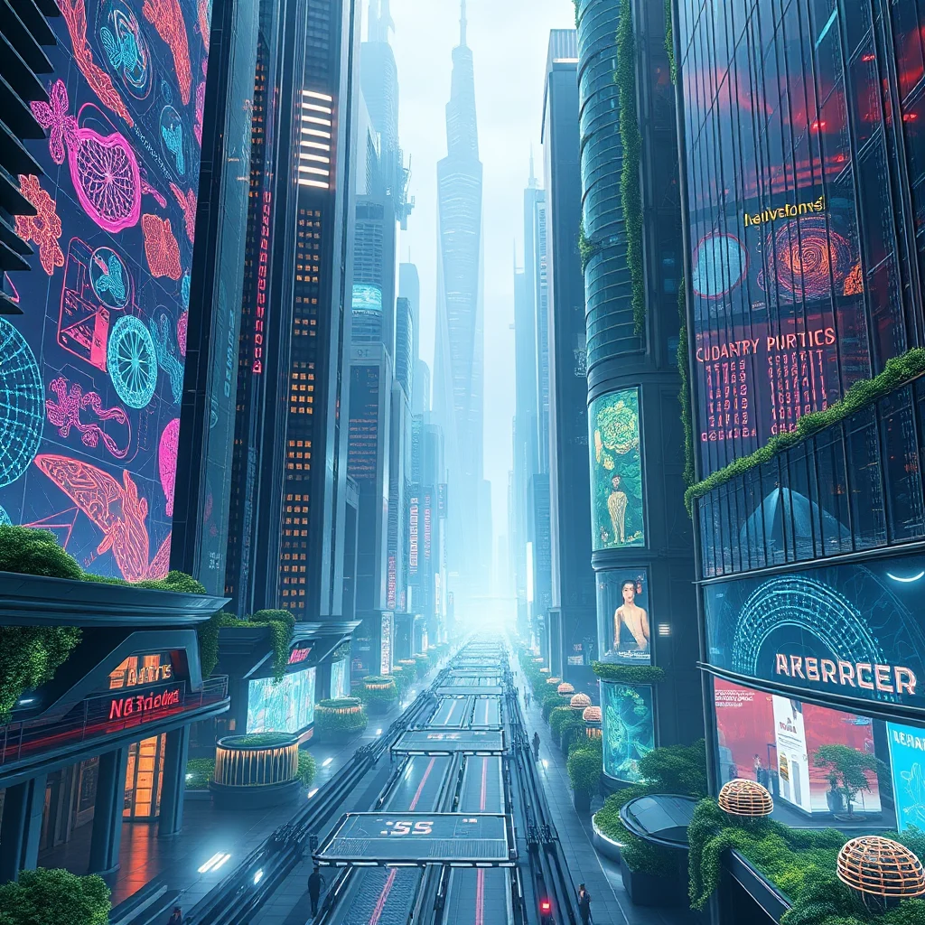 A futuristic city street scene with tall, modern buildings lining a wide, empty road with glowing neon advertisements.