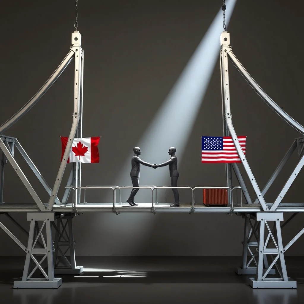 A handshake on a bridge between two figures representing Canada and the United States, with their respective flags prominently displayed.
