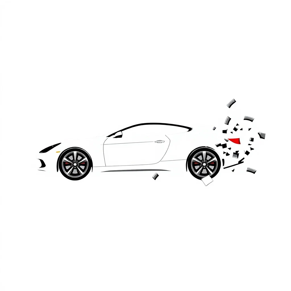 A white sports car is depicted in profile, with a stylized, disintegrating rear section. The car is outlined in black, and its wheels are detailed with silver rims and red brake calipers. Pieces of the car's body, rendered as abstract geometric shapes in black and grey, are scattering outwards from the rear, creating a sense of motion and fragmentation. A small red triangular piece is also part of this explosive debris.