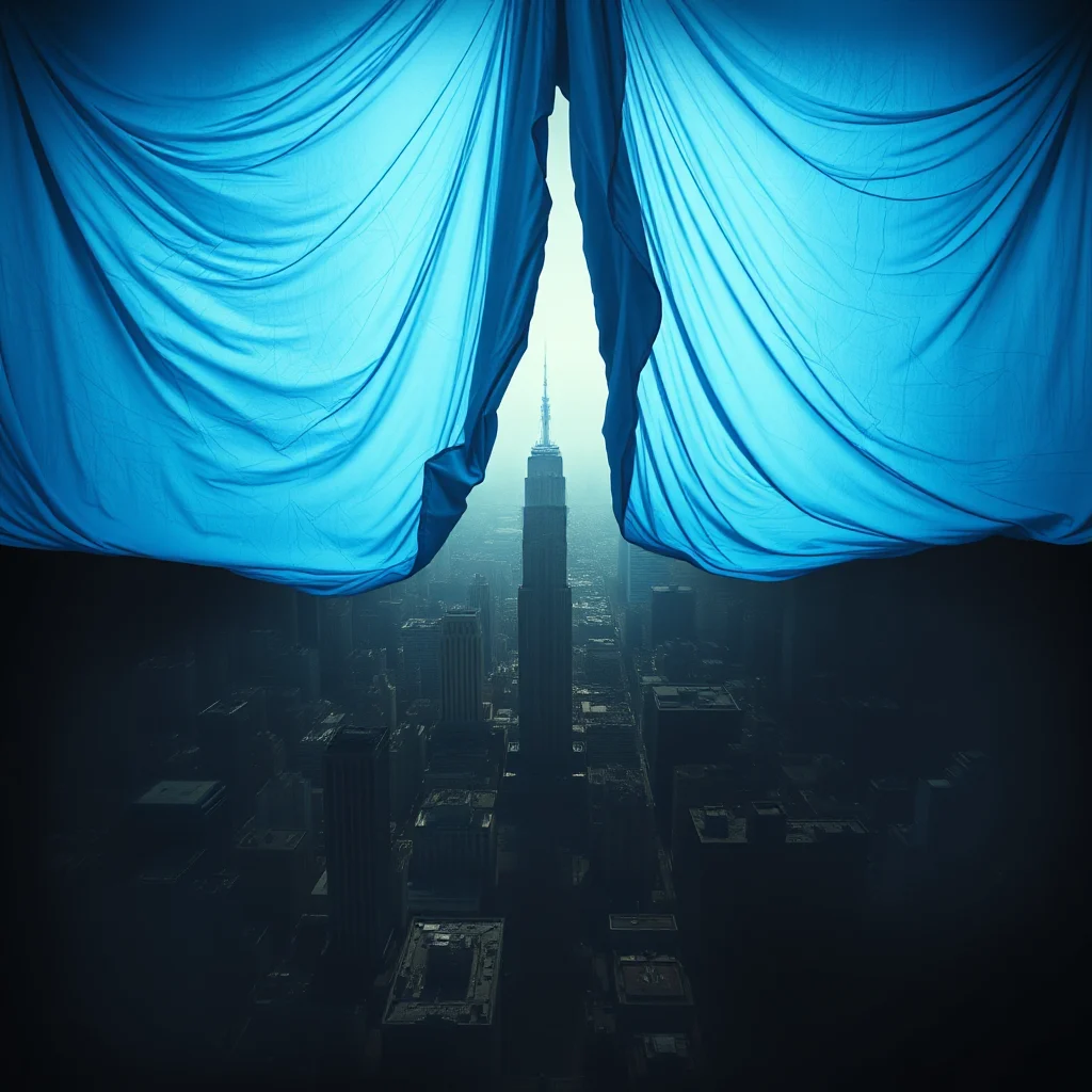 The Empire State Building is framed by billowing blue fabric, with a view of the New York City skyline stretching out below under a hazy sky.