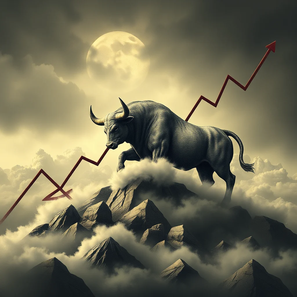 A powerful bull stands atop a rocky peak shrouded in clouds, with a red stock market graph rising behind it, symbolizing a bull market and upward financial growth. The moon is visible in the hazy sky.