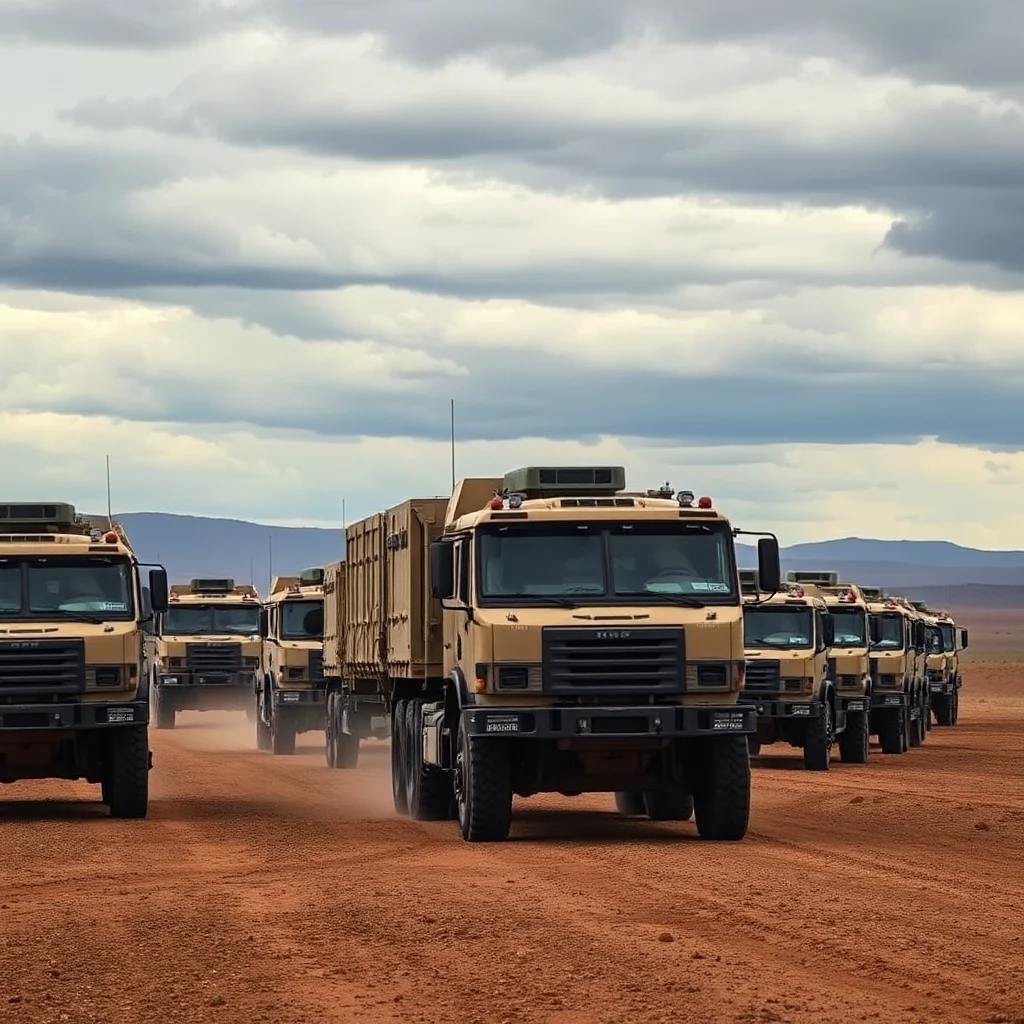A convoy of tan military trucks drives down a dusty, reddish-brown dirt road, with a line of vehicles stretching into the distance. The sky above is filled with dramatic, grey clouds.