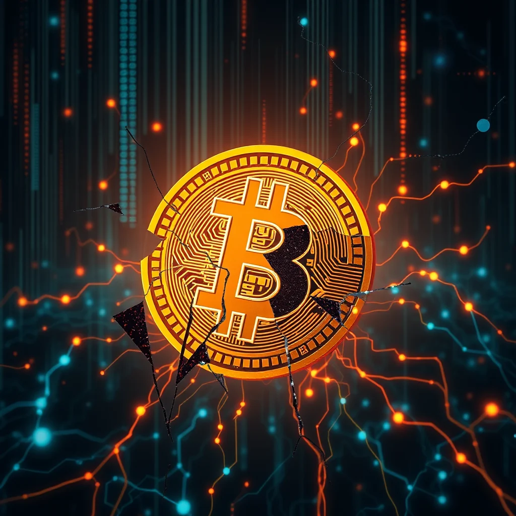 A broken golden Bitcoin coin with the letter "B" visible, set against a dark background with glowing blue and orange lines representing a digital network.