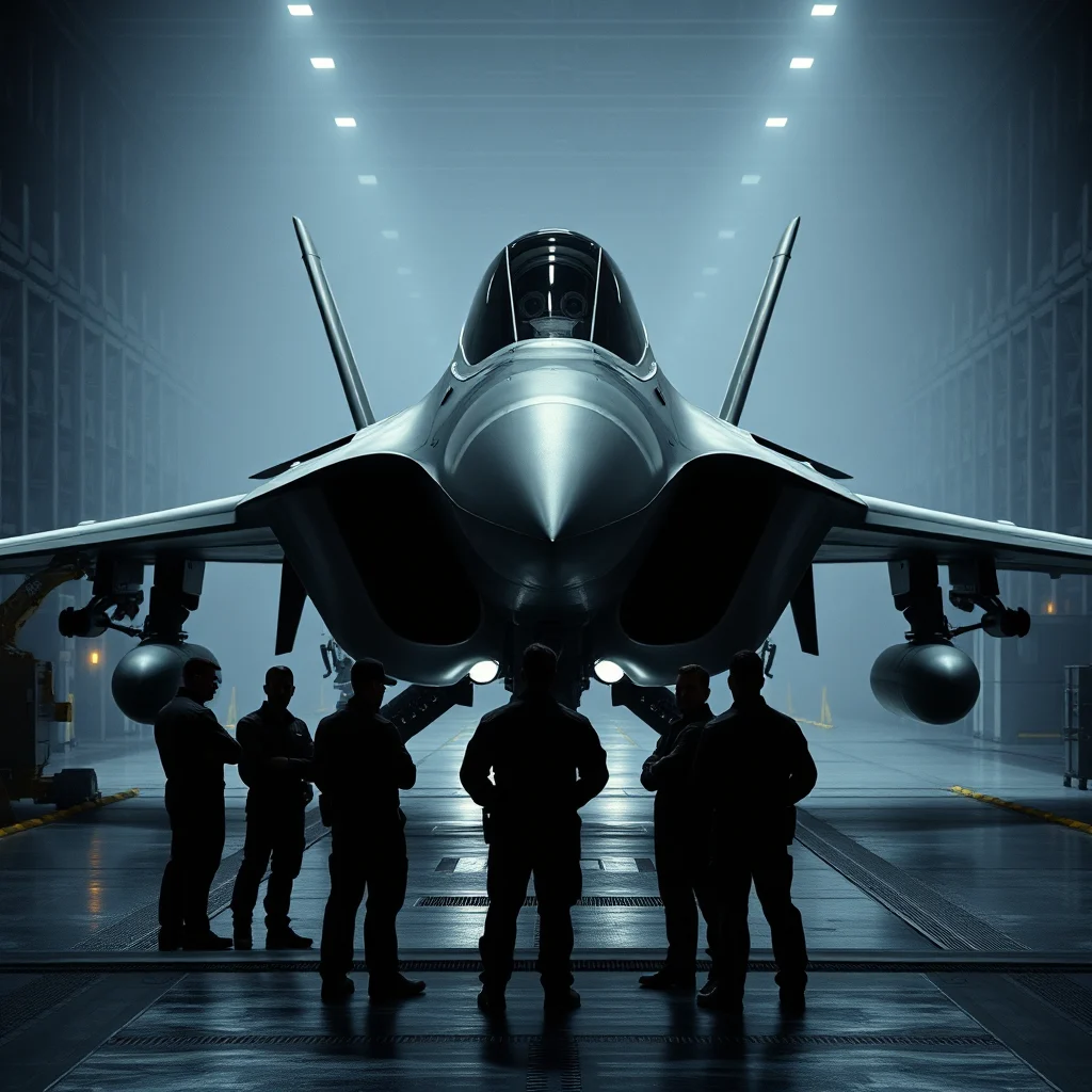 A team of six people in silhouette stand in front of a fighter jet in a dimly lit hangar.