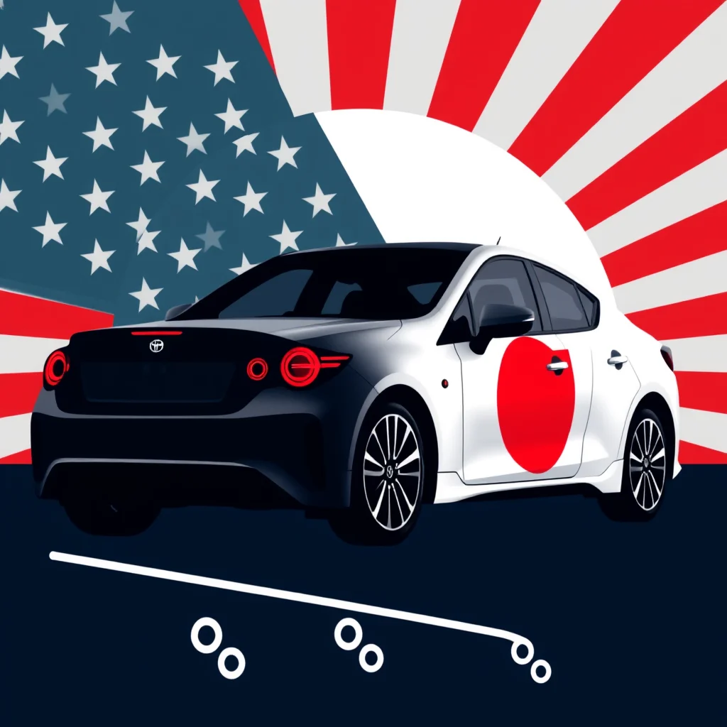 A stylized car, half black with a Toyota logo, half white with a red circle symbolizing the Japanese flag, is shown against a background that blends the American and Japanese flags. The American flag design forms the left side of the background with stars and blue and white stripes, while the Japanese flag's red sun disc motif radiates from the right, with red stripes. Below the car, a white line segment suggests a road or track, with two pairs of white circles positioned as if on the road.