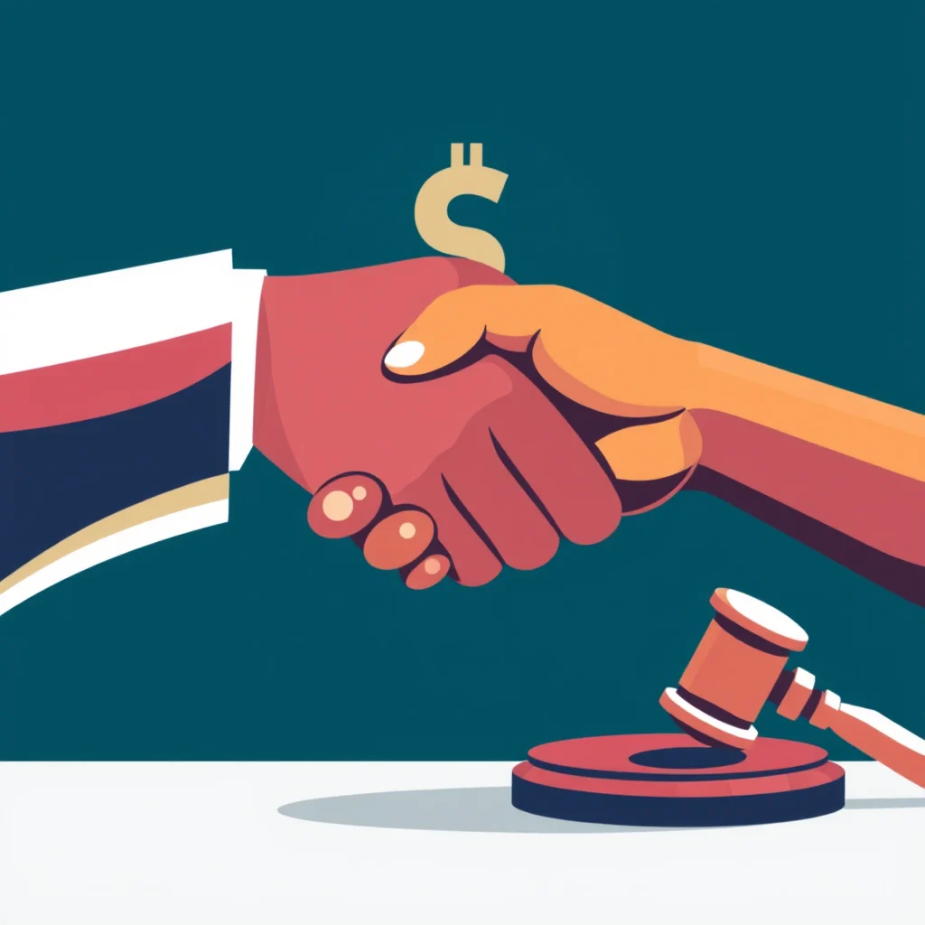 Illustration of two hands shaking, one in red and one in orange, with a gold dollar sign hovering above them. In the foreground, a gavel rests on a dark red podium.