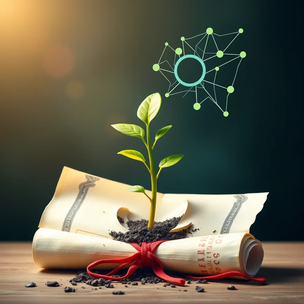 A young green sprout grows from soil spilling out of a broken diploma scroll tied with a red ribbon, with a digital network graph in the background.