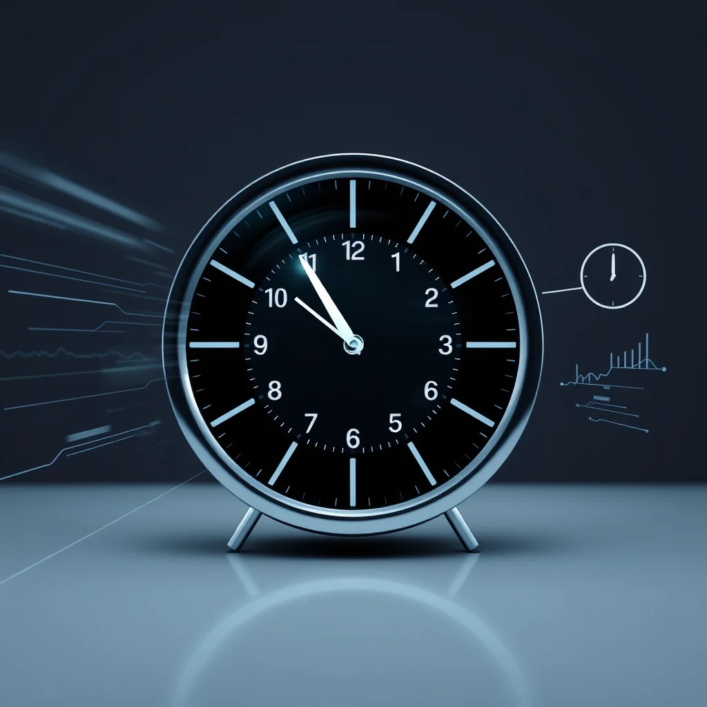 A black alarm clock with a chrome frame is shown against a dark background with futuristic glowing lines and charts.