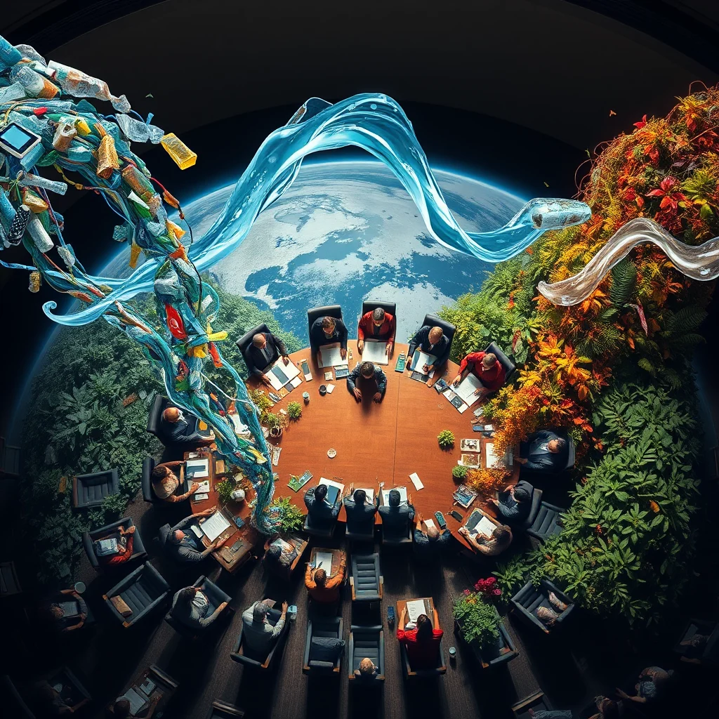 An overhead view of a circular conference table with people seated around it, set against the backdrop of Earth. One side of the scene shows a swirling vortex of plastic waste and debris, while the other side transitions into lush green foliage and vibrant autumn leaves, symbolizing environmental change. A fluid, wave-like element of clear liquid arcs across the image, connecting the two sides.