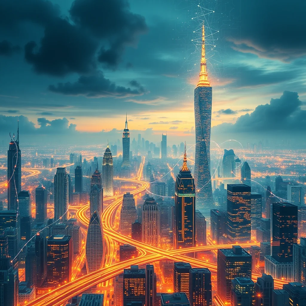 A high-angle, wide shot captures a futuristic cityscape at dusk. Several tall, illuminated skyscrapers dominate the scene, with one exceptionally tall, twisted tower in the center emitting a bright golden light from its spire, which is adorned with a network of glowing lines resembling a digital connection. The city below is a dazzling tapestry of lights, with major highways and roads forming bright orange ribbons winding through the urban landscape, suggesting a vibrant and connected metropolis. The sky is a dramatic mix of deep blues and grays, with hints of orange from the setting sun, and scattered clouds are illuminated by the city's glow. The overall impression is one of advanced technology, energy, and constant movement.