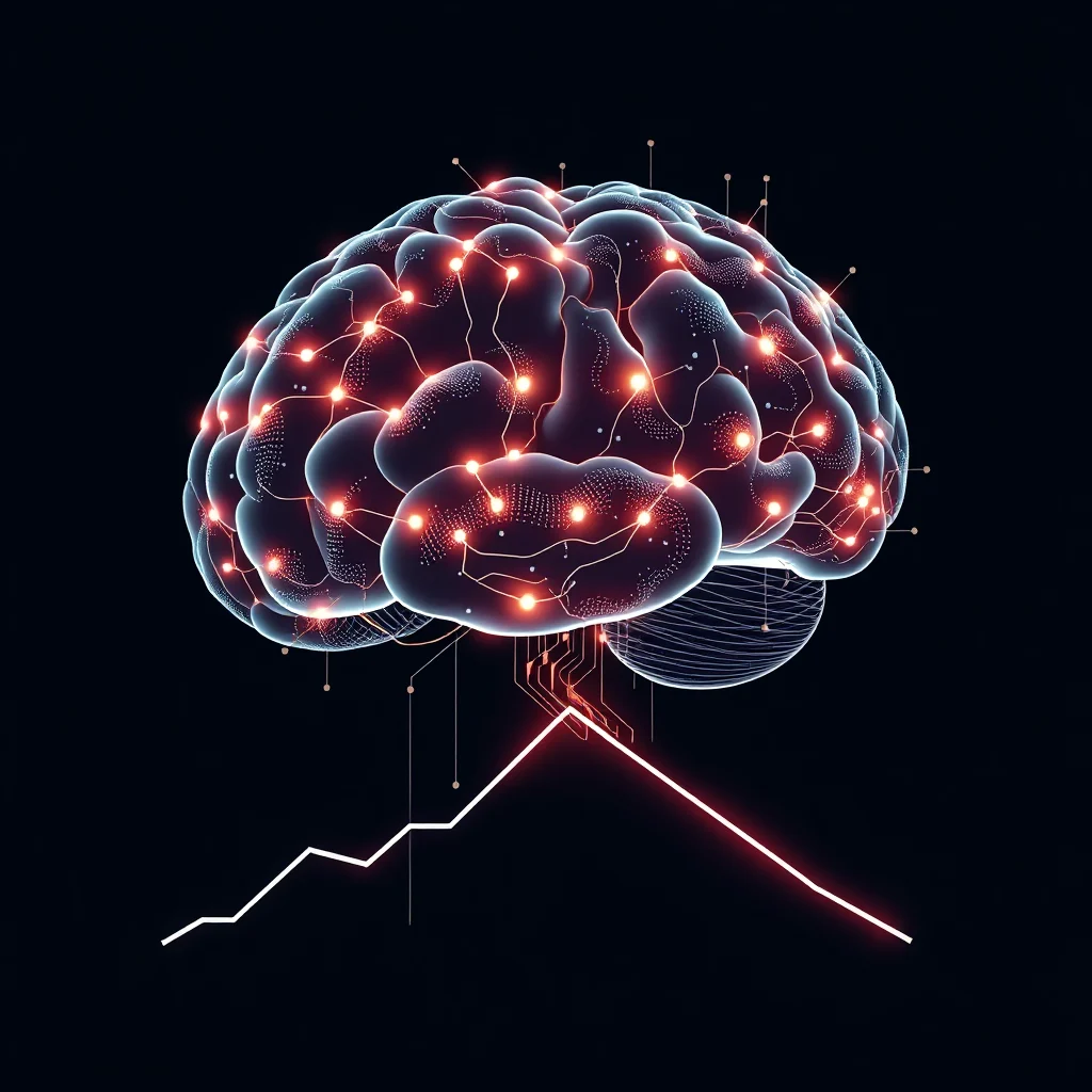 A stylized, translucent brain with glowing red neural pathways and connections against a dark background. Below the brain, a sharp, red line graph is shown, starting with an upward trend and then dramatically declining.