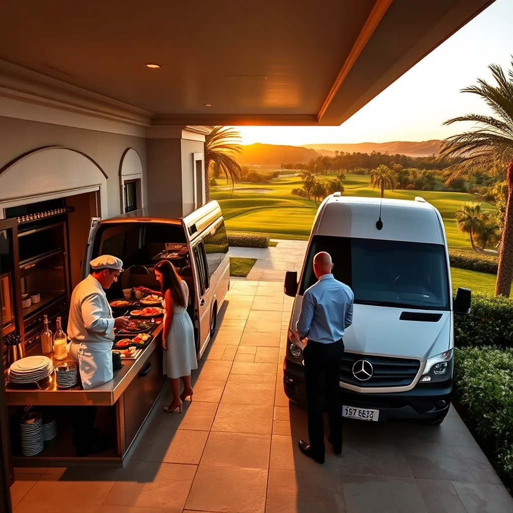 A man in a chef's hat serves food from a buffet to a woman in a white dress, with two white vans and a golf course in the background.