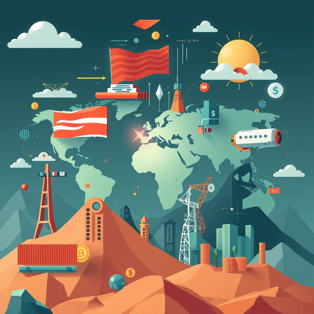 An artistic illustration depicts a stylized world map with various global business and transportation elements.