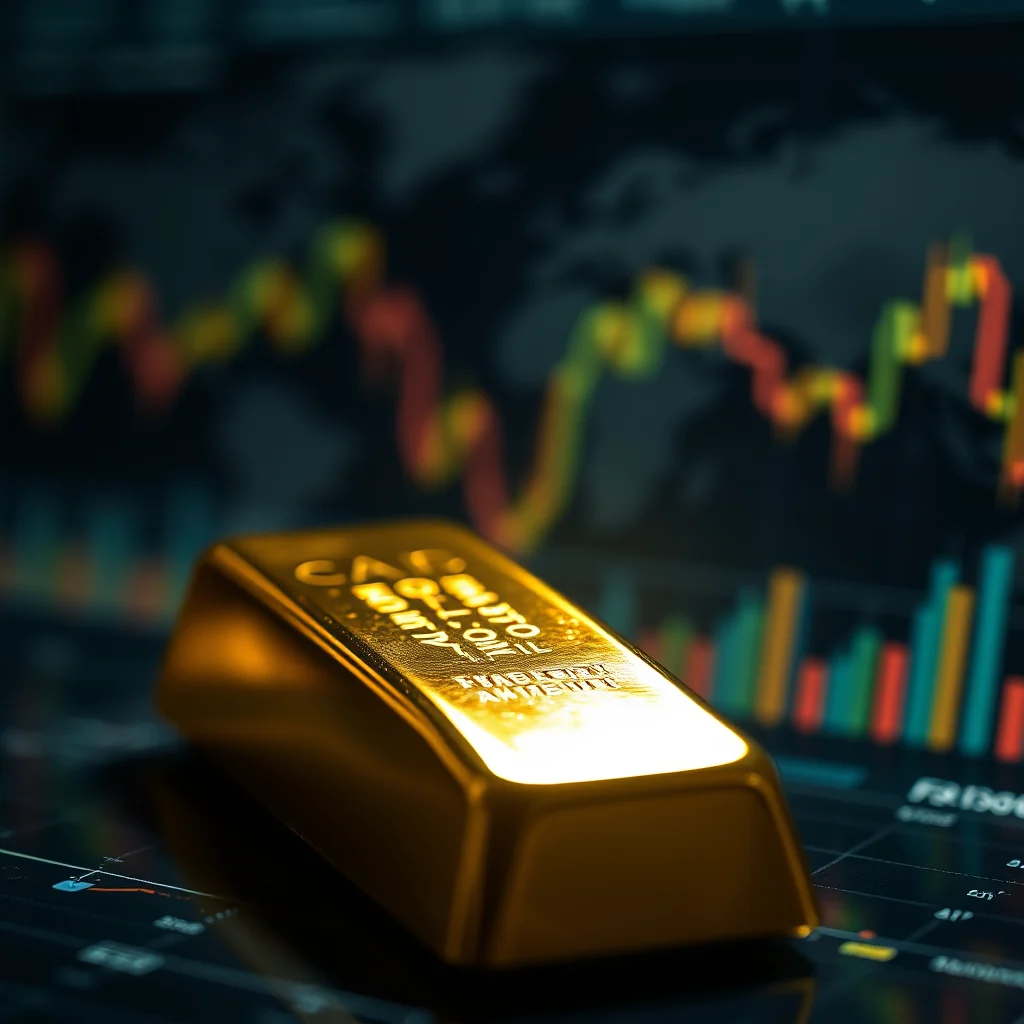 A golden bar rests on a dark surface with a blurred stock market chart in the background.
