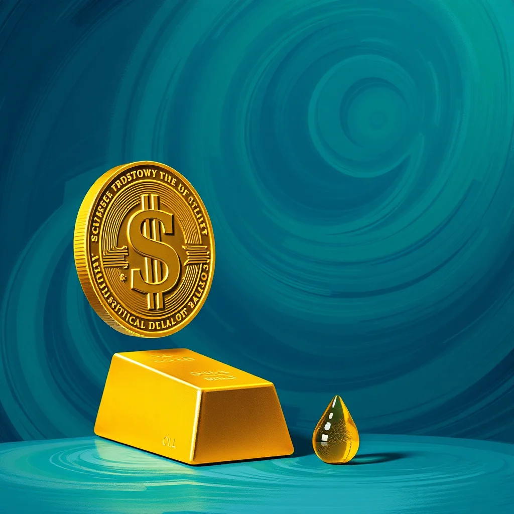 A gold coin with a dollar sign, a gold bar, and a drop of oil against a teal, swirled background.