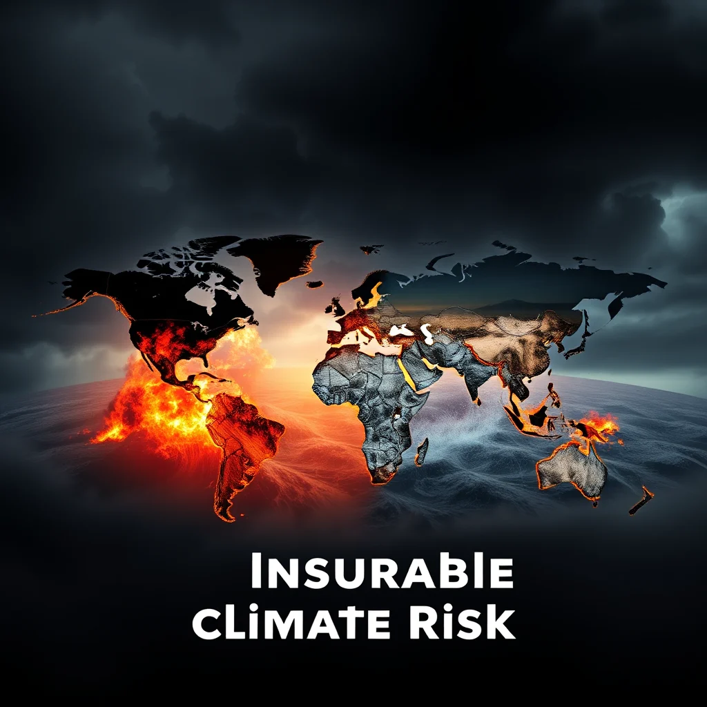 A world map with North and South America engulfed in flames on the left, and Europe, Africa, Asia, and Australia appearing cracked and arid on the right, with a dark, stormy sky overhead and rough seas below. The text "INSURABLE CLIMATE RISK" is displayed in white capital letters against a black background.
