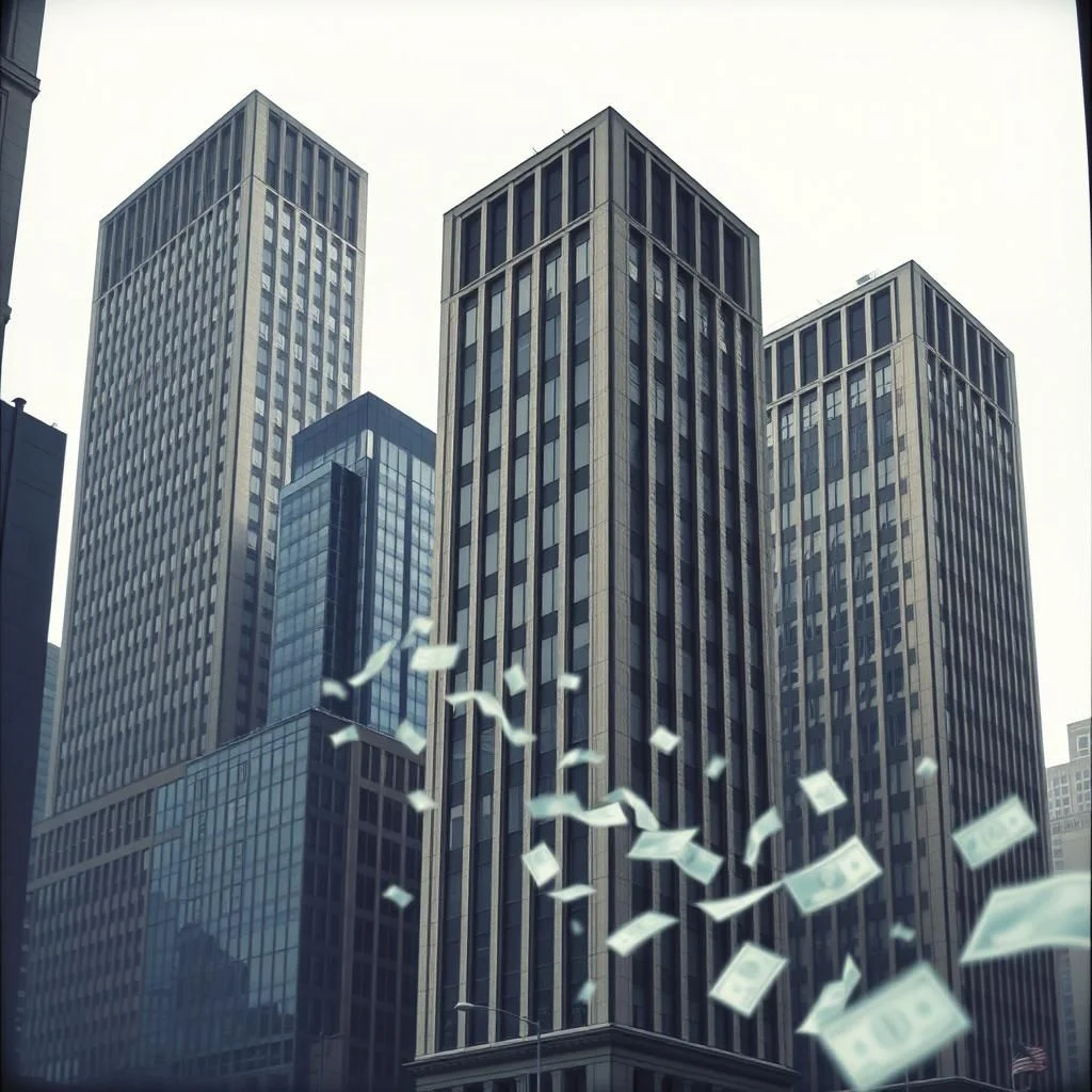 Tall modern skyscrapers reaching into a pale sky, with stylized US dollar bills floating and scattered in the foreground.