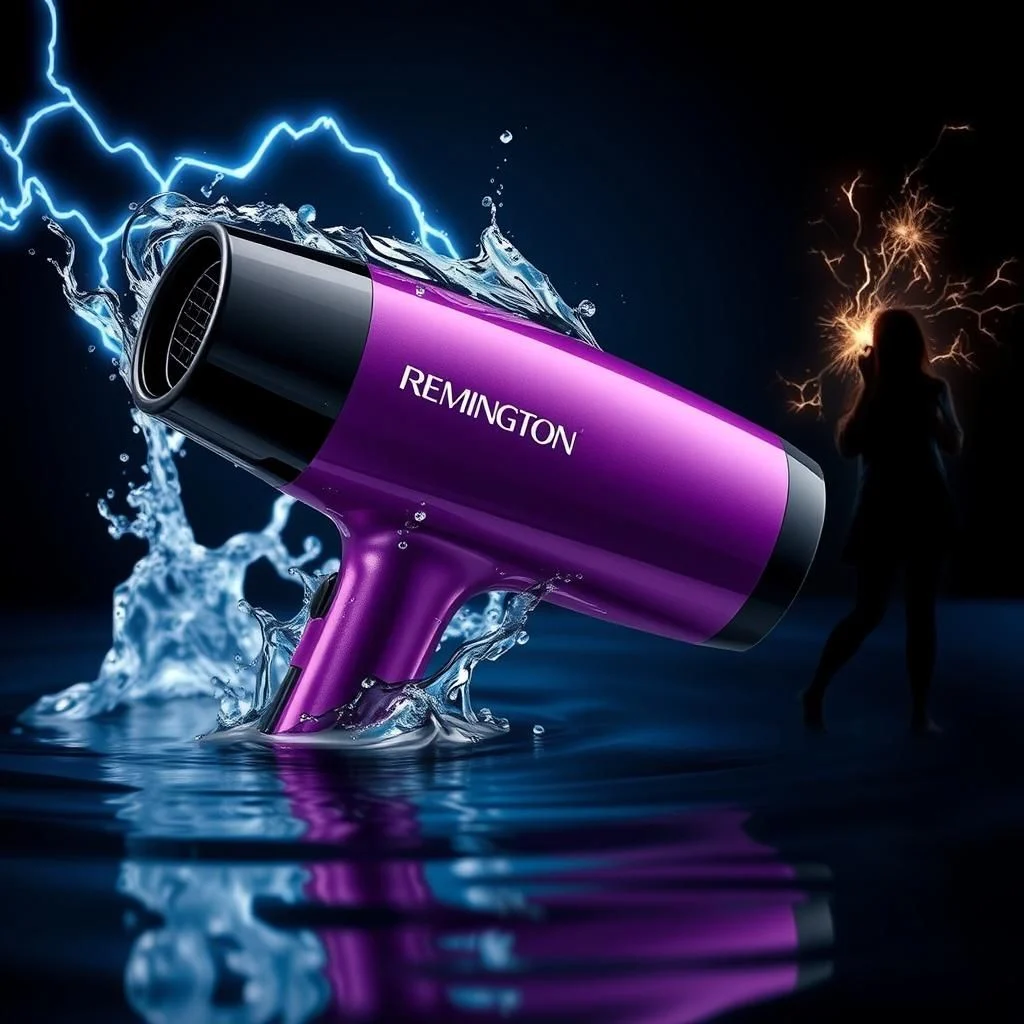 A purple Remington hairdryer is partially submerged in water, with splashes of water rising around it. Lightning bolts are visible in the background, and a silhouetted figure stands to the right, with sparks emanating from their head.