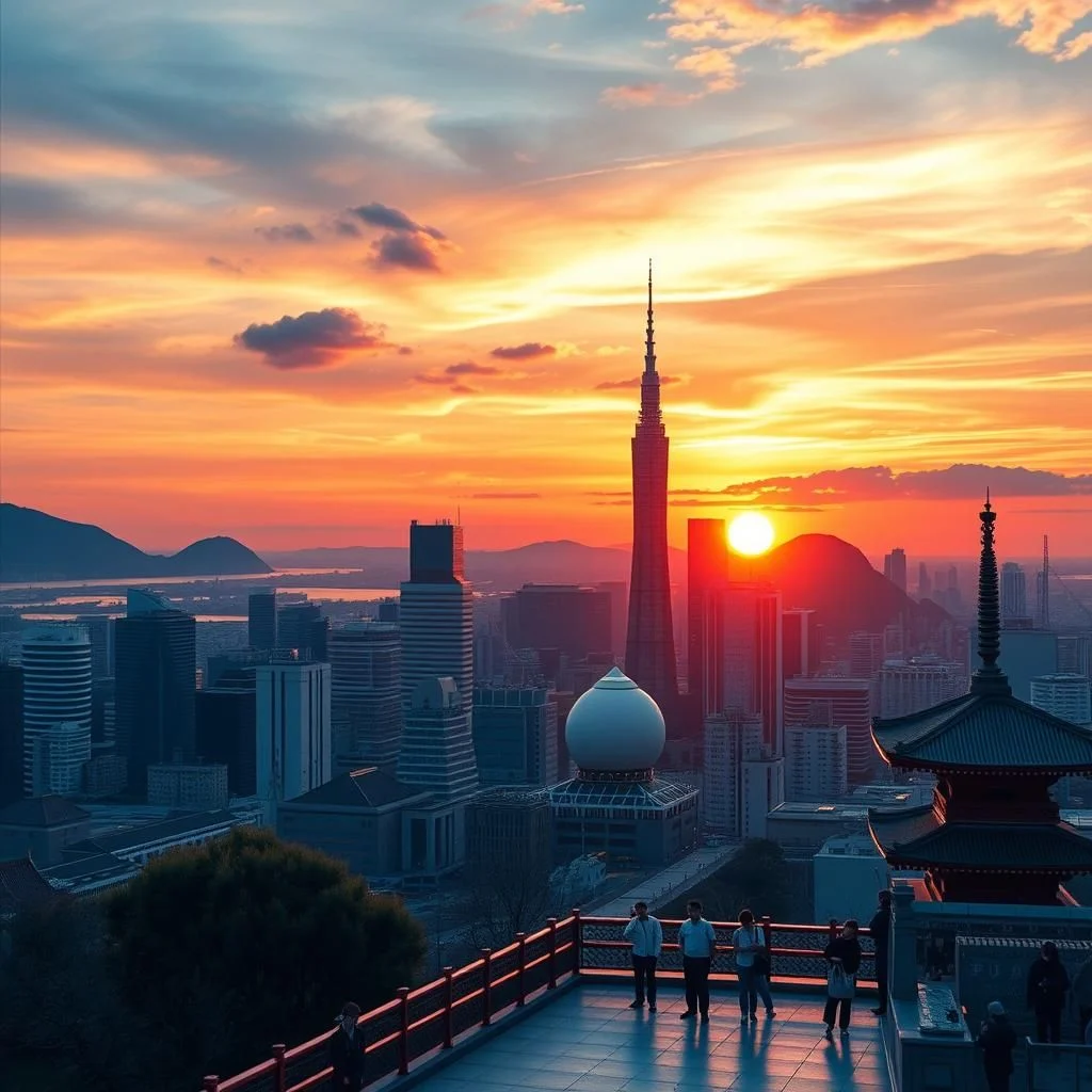 A dramatic sunset over a sprawling cityscape, with a prominent modern skyscraper resembling Tokyo Skytree, and a traditional Japanese pagoda in the foreground.