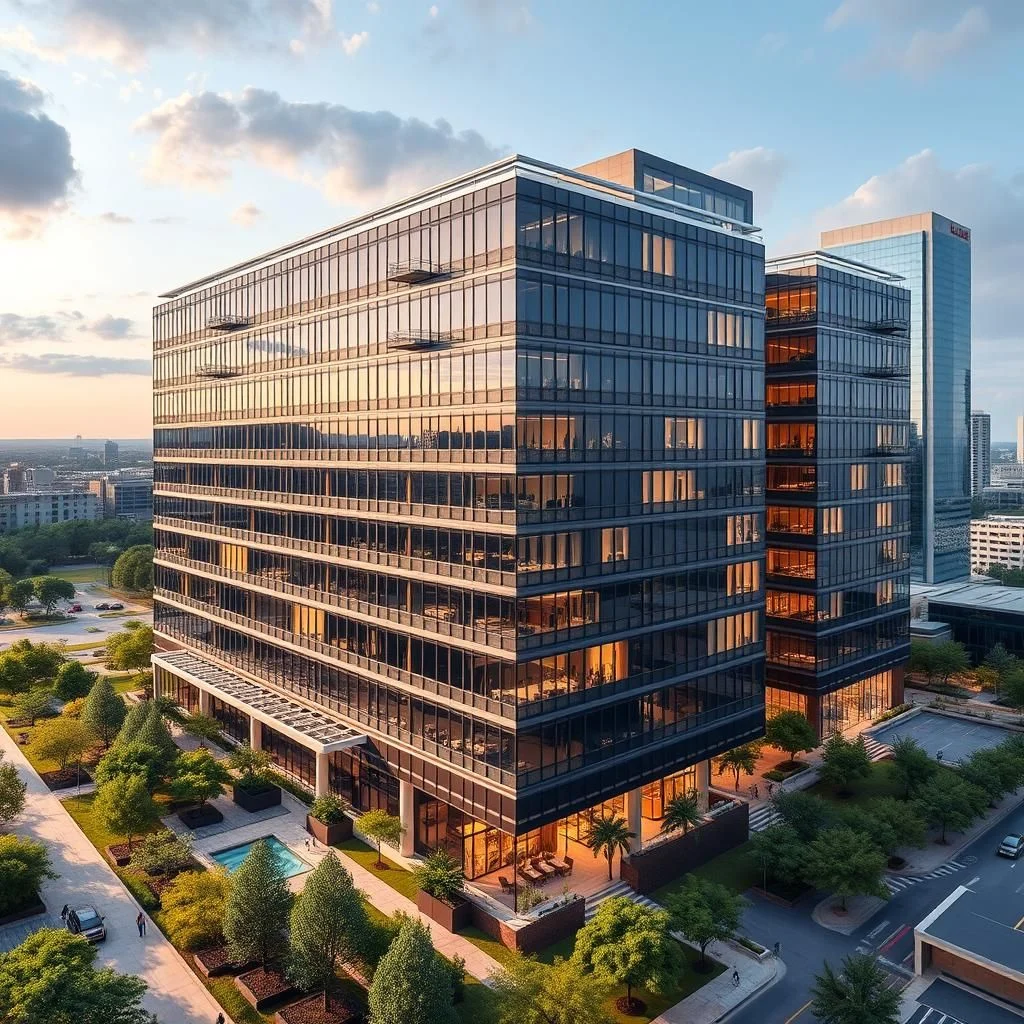 An aerial drone shot captures a modern glass-and-steel office building with multiple floors. The building's exterior is mostly glass, reflecting the warm tones of the setting sun. Several floors have projecting balconies. The building is surrounded by lush green trees, manicured landscaping, and a small swimming pool. In the background, other buildings and a hazy skyline are visible under a partly cloudy sky.