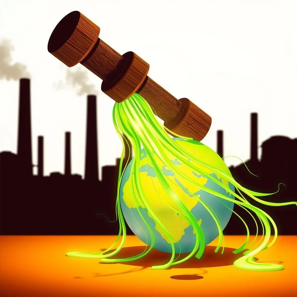 An illustration depicts the Earth as a globe, with luminous green liquid being poured onto it from a wooden pipe. The background shows silhouetted industrial smokestacks emitting smoke, suggesting pollution.