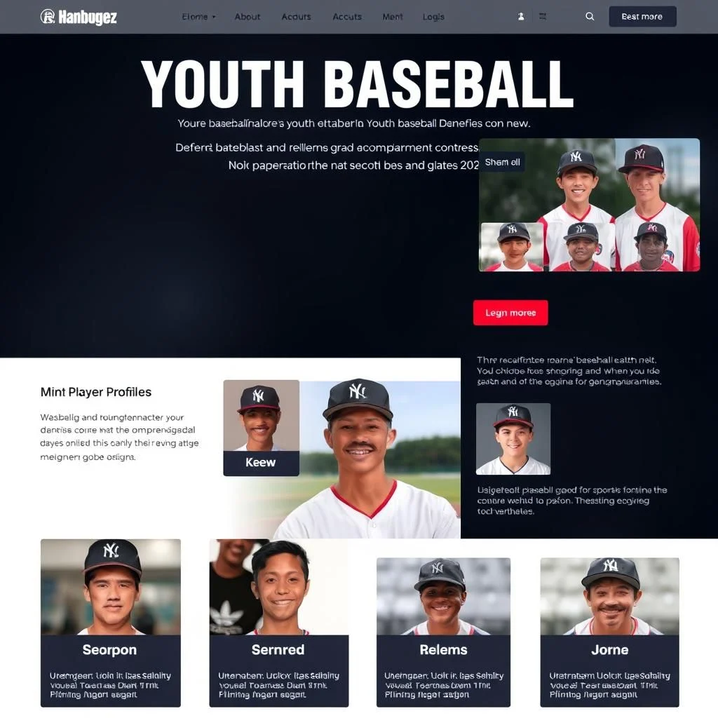 The header has the text "Hanbuges" in the top left corner, followed by navigation links: "Home", "About", "Accounts", "Ment", "Login", a person icon, a search icon, and "Best more" button. Below the header, large white text reads "YOUTH BASEBALL". Underneath, there is descriptive text about youth baseball, followed by a call to action button "Learn more". To the right of the text are four young boys wearing baseball caps and jerseys. Below this main section, the text "Mint Player Profiles" is displayed with descriptive text and images of young baseball players. There are five players showcased in separate frames, each with a name below their image. The players are: Seorpon, Sernred, Relems, and Jorne, with one player's name missing.