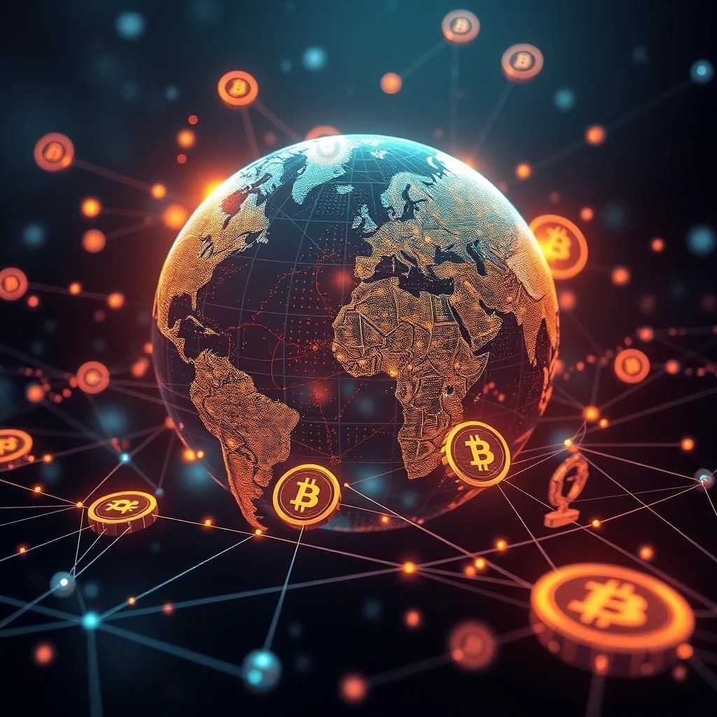 A digital globe displays continents rendered in orange wireframe, encircled by a network of glowing orange and blue nodes and lines. Several golden Bitcoin symbols are visible within this network, some appearing as coins and others as illuminated icons.