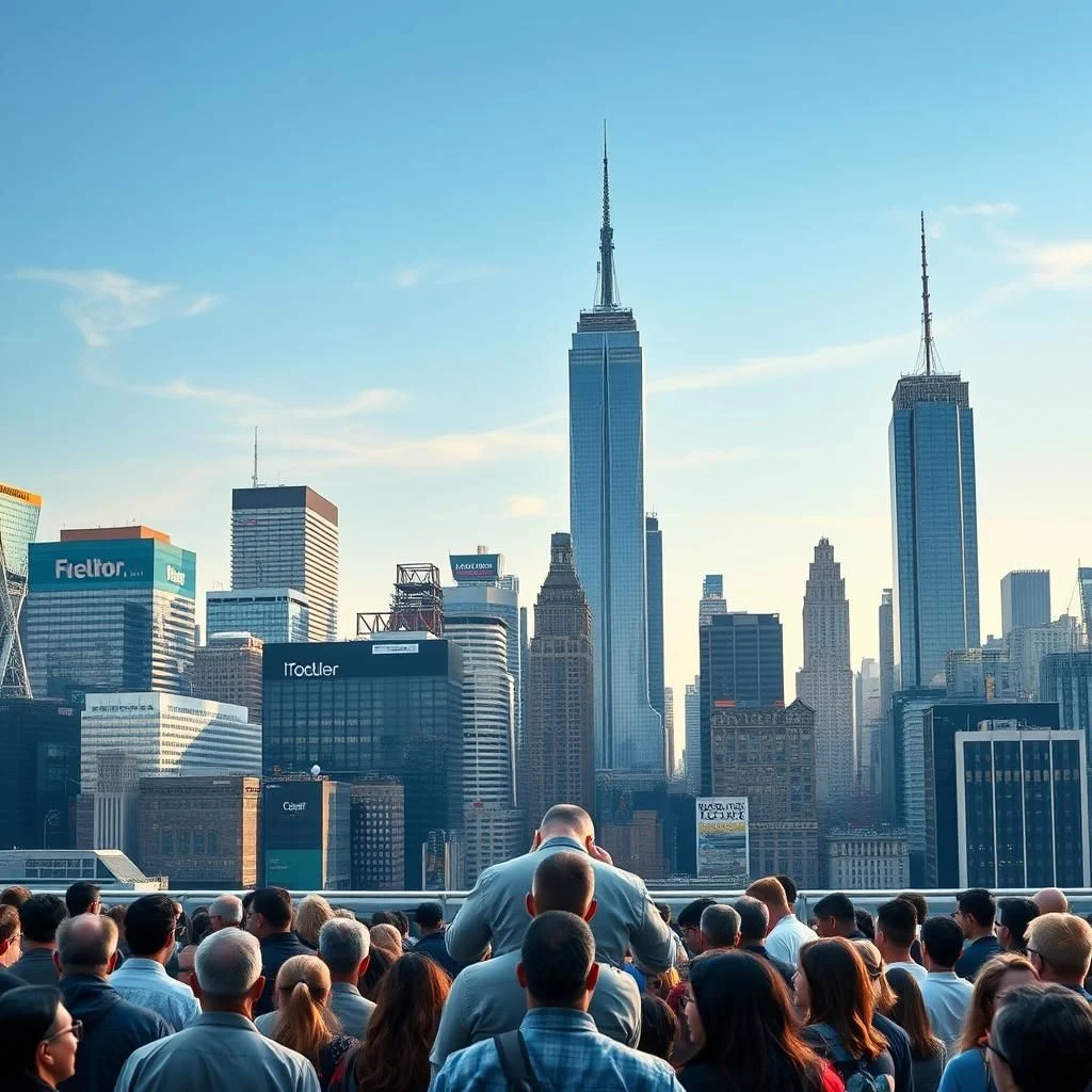 A crowd of people gathered on a rooftop overlooking a city skyline featuring several tall skyscrapers, including the prominent One World Trade Center, under a clear blue sky.