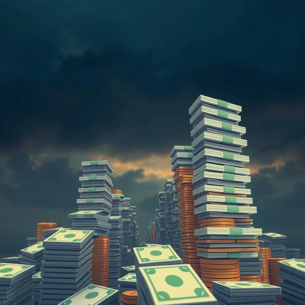 Stacks of cash and coins against a dark, stormy sky, evoking a sense of wealth and financial uncertainty.