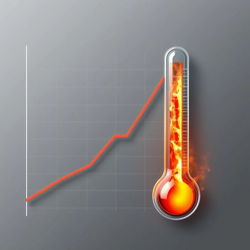 A thermometer showing increasing heat, superimposed on a graph with an upward trending line.