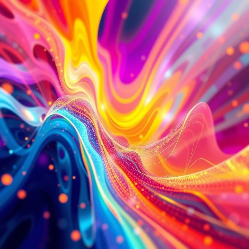 An abstract, vibrant, and colorful image depicting flowing, wavy lines and shapes with a textured, almost granular quality. The colors transition smoothly from deep blues and purples on the left to bright yellows, oranges, and pinks on the right, creating a sense of energetic movement and light. Small, glowing particles are scattered throughout the image, adding to the luminous and dynamic effect.